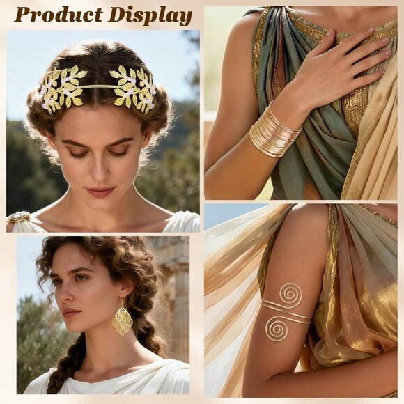 Greek Goddess Costume Accessories Set Gold Laurel Leaf Headband Bracelets Earrin main image 6